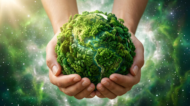Earth day, ecology and sustainability with human hands holding green globe for environment, conservation and nature. Planet, forest and world in universe for protection, climate and future growth ide