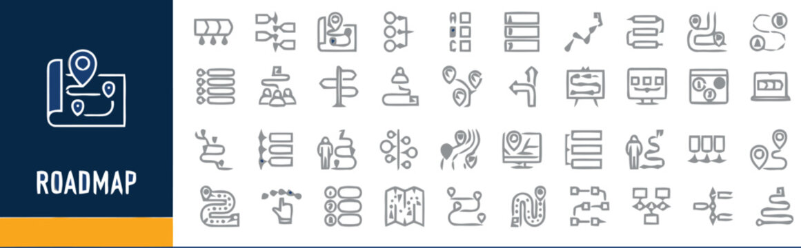 roadmap and strategic timeline project planning line icons set. Milestone route process progression, step destination workflow, and strategy map linear symbols.