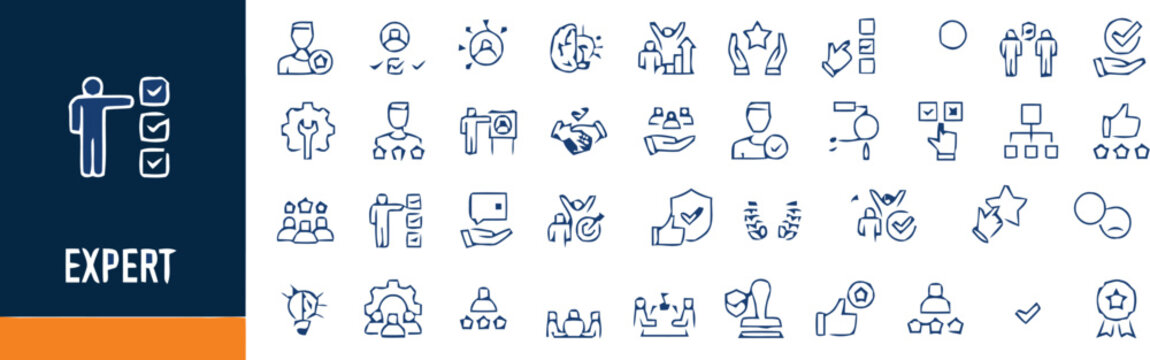 Professional expert consultation and quality assurance certification line icons set. Specialist skills competency evaluation, business management leadership, and standard linear symbols.