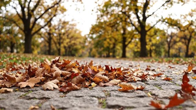 Autumn Leaves Blowing in the Wind on a Cobblestone Path in a Serene Park
