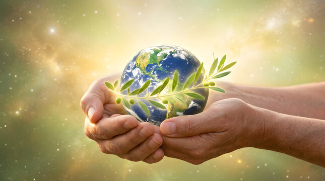 World peace, globe and hands with olive branch for environmental protection, global unity and ecology. Earth, sustainability and care in space with planet, charity and cooperation for future life.