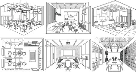Fototapeta premium Modern Office Interior Line Art Collection with Workspace Conference and Library Architectural Sketches