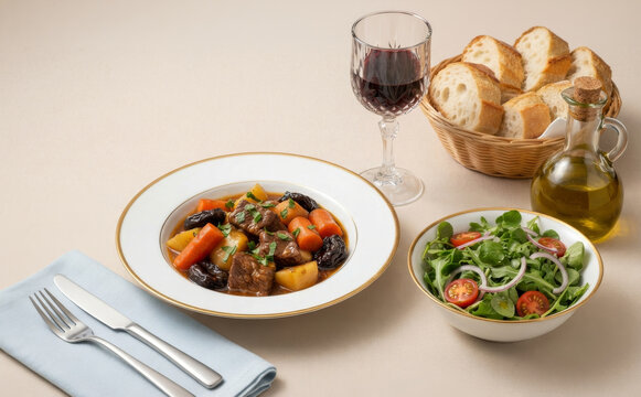 Stewed meat dish with prunes, carrots, and potatoes, accompanied by a green salad, red wine, and artisan bread &ndash; Prune tzimmes