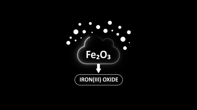 Iron(iii) oxide fe2 o3 chemical formula animation with particle effects on black background