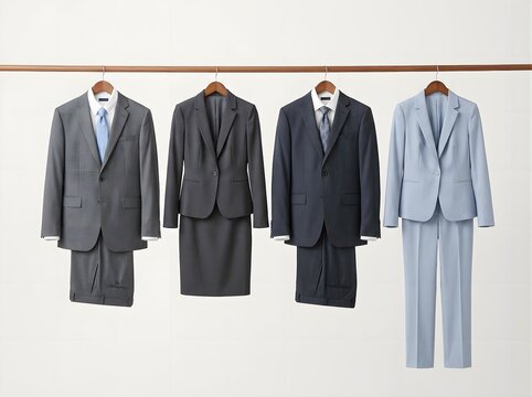 Four professional business suits hanging on a rack isolated on white background