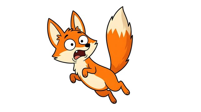 Cartoon fox character showing a scared or surprised expression while leaping in the air