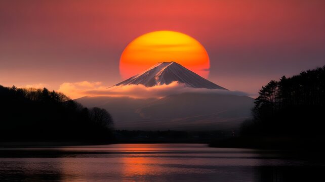Stunning sunset view of mount fuji in japan with a large glowing sun setting behind the snowcapped peak, reflected in the calm waters of a lake surrounded by silhouettes of trees