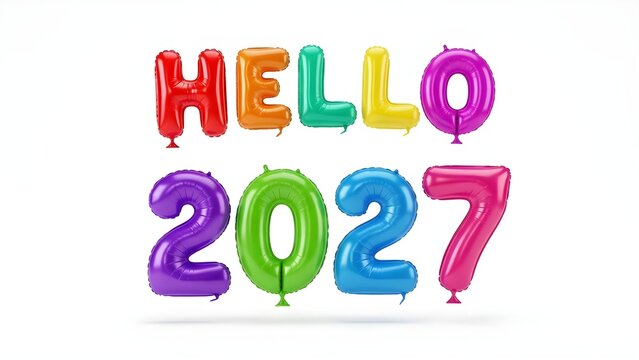 Colorful balloon letters spelling hello 2027 isolated on white background