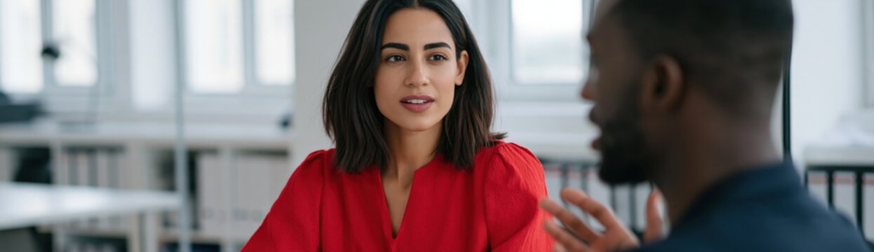 Young woman in red blouse conversing with colleague in bright modern office for teamwork poster and corporate communication background