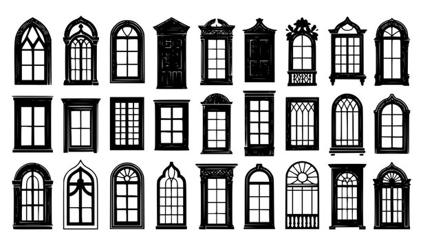 Collection of 24 ornate architectural window vector illustrations featuring Gothic Victorian Baroque and classic black and white window designs isolated on white background
