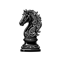 Elegant black chess knight piece with intricate ornamental floral filigree patterns. © borneo