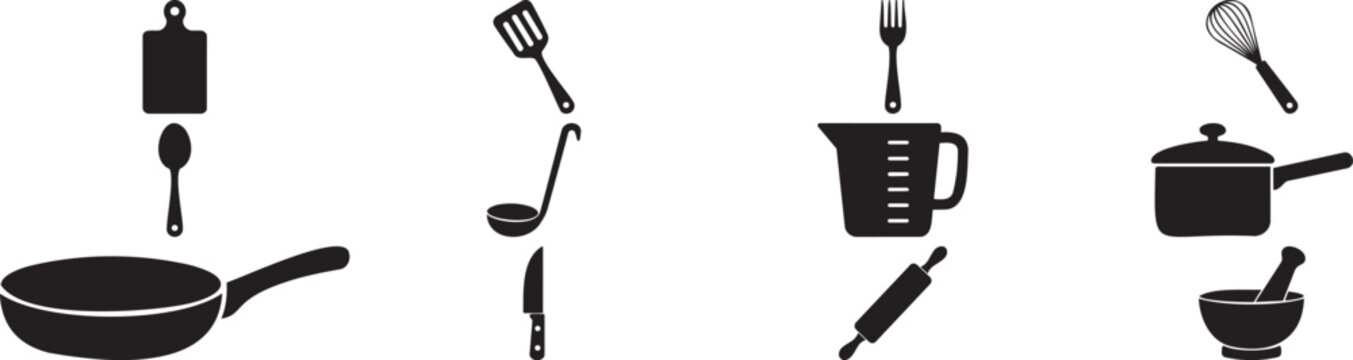  Kitchen Utensils and Cookware Silhouette Icons for Cooking and Baking.