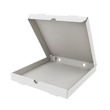 Open empty white cardboard pizza box for food delivery