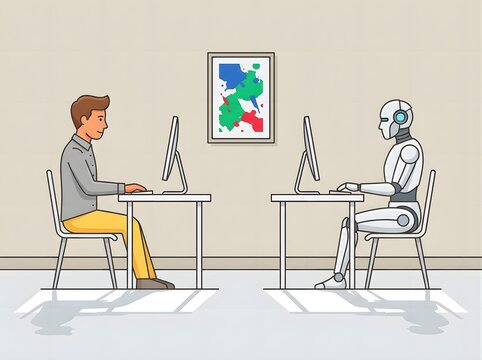Human and robot working on computers in office