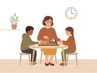 A teacher or mother playing a game of chess with two children at a table.