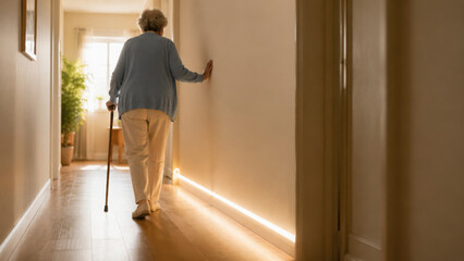Fototapeta premium Elderly woman uses cane and leans on wall for support as she walks down sunlit hallway, showing resilience and ai companion care