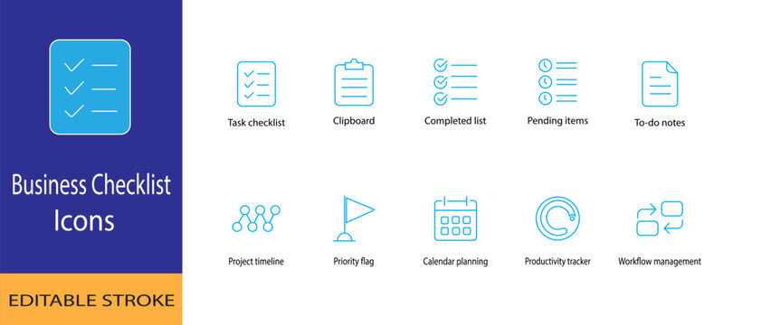 Business Checklist Icon Set - Editable Stroke Line Icons for task management, productivity, calendar planning, and workflow