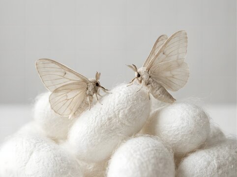 Silkworm moths resting on a pile of white cocoons