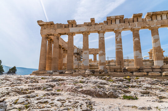 A view across the Acropolis citadel towards the side of the Parthenon in Athens, Greece in early summertime