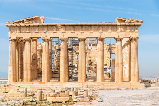 A close up view towards the front of the Parthenon in the Acropolis citadel in Athens, Greece in early summertime