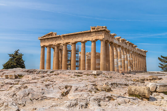 A view across the Acropolis citadel towards the front and side of the Parthenon in Athens, Greece in early summertime