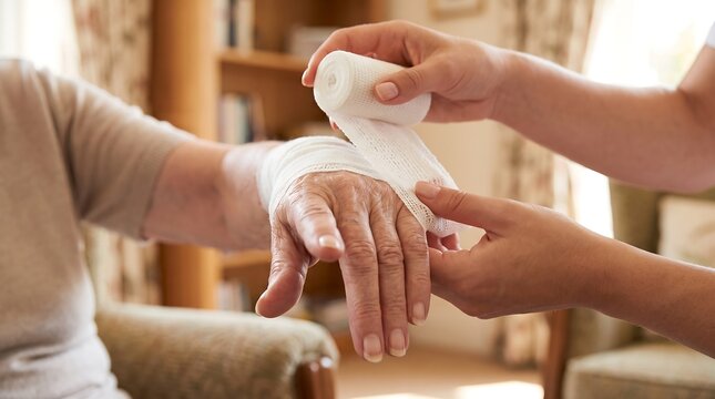 A caregiver gently applying a white medical bandage to the hand of an elderly woman indoors