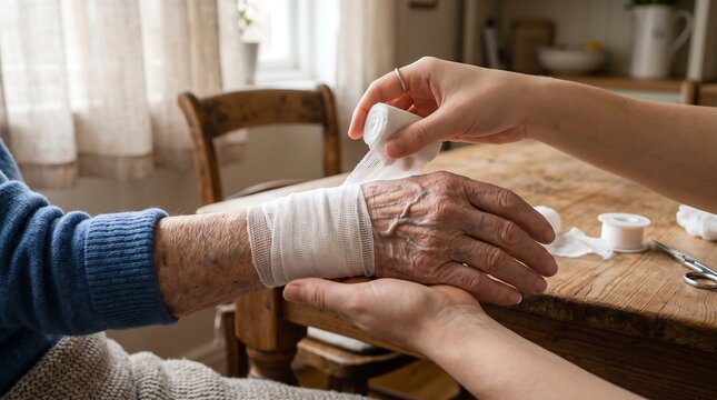 Gentle hands provide essential care for an elderly person's wrist injury, fostering healing and comfort during recovery with compassionate support