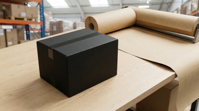 A black cardboard box sits on a wooden table next to a roll of brown packing paper in a busy warehouse distribution center