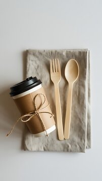 Product photography of an eco friendly coffee cup with wooden cutlery on a neutral linen cloth