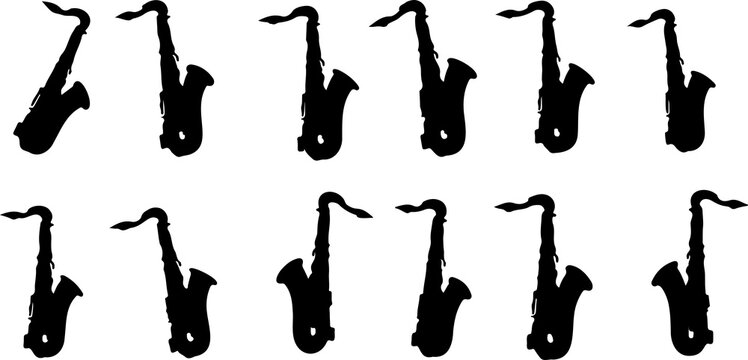 Saxophone silhouettes collection, musical instrument concept, minimal black vector illustration showing jazz and classical saxophones in various positions