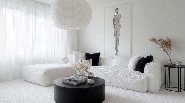 Modern minimalist living room with white sofa and art