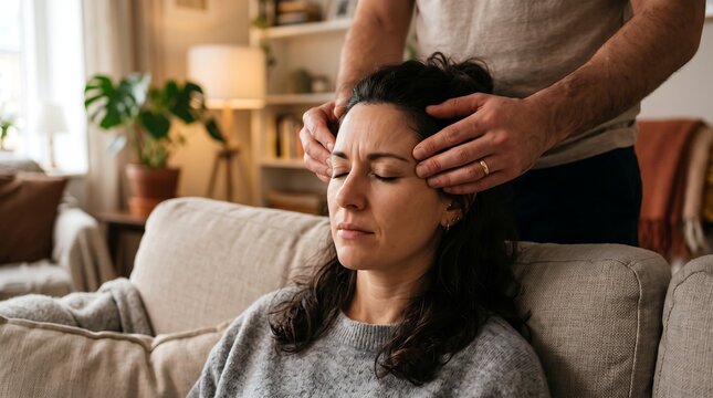 Relaxed Woman Receiving a Soothing Head Massage from Her Partner for Stress Relief at Home