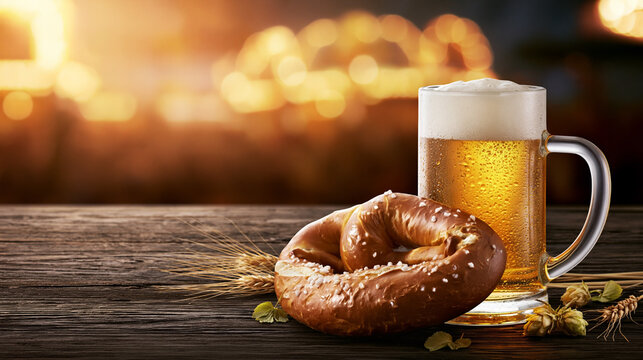 Glass of golden beer with frothy head beside a soft pretzel on a rustic wooden table, with blurred warm lights in the background creating a cozy atmosphere