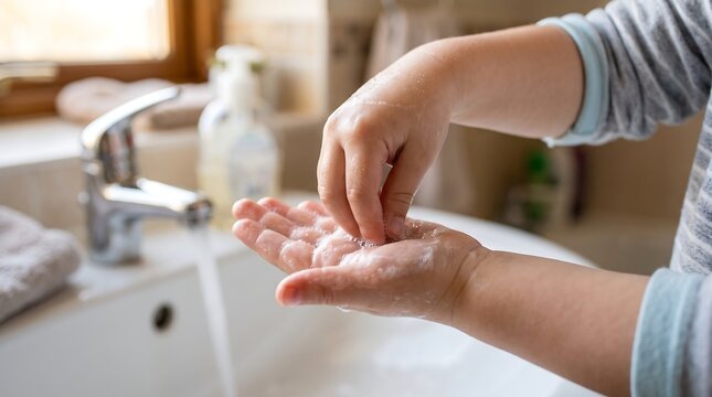 Child Washing Hands with Soap: A close-up shot captures a child's hands being washed with soap and water in a bathroom sink, emphasizing hygiene and cleanliness.