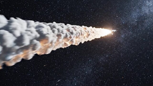 Rocket Launching and Accelerating Through Vast Outer Space Leaving a Fiery Exhaust Trail Symbolizing Exploration