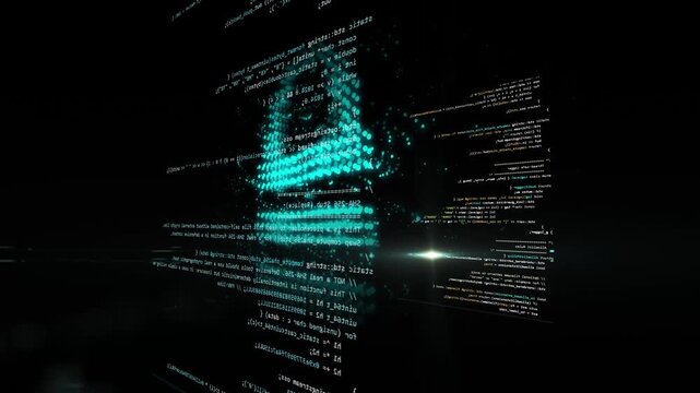 High-tehcnology animation full of programming c++ code in cybersecurity theme. Large lock symbol show web protection