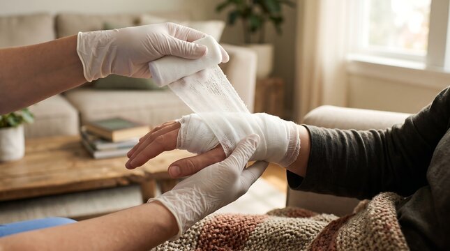 Medical Care at Home: A caregiver gently bandages a patient's injured hand, providing comfort and essential medical attention within the relaxed setting of a home environment.