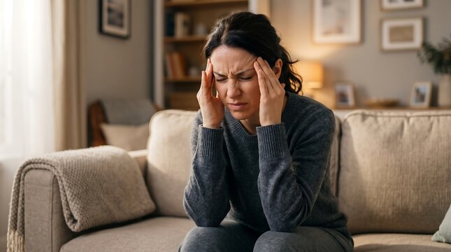 Headache Anguish: A woman sits on a couch, clutching her temples in distress as a debilitating headache takes hold, reflecting her internal suffering and mental strain.