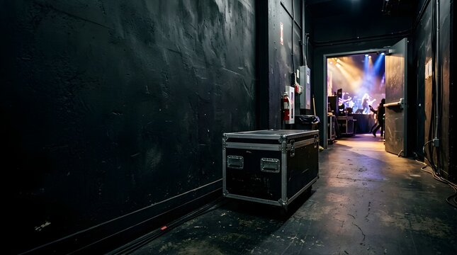 Road case in the dark backstage corridor leading to a bright concert stage