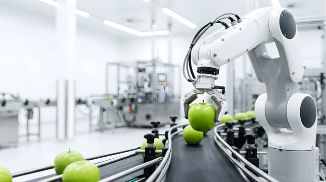 Robotic arm picking green apple on modern food processing conveyor belt