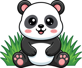 Cute cartoon baby panda character vector illustration featuring a happy smiling giant panda cub sitting in green grass isolated on white background © MdMoksedul