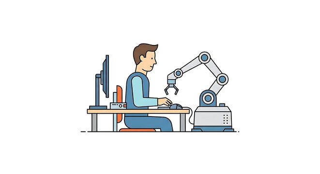 Cartoon man working on a desktop computer with an industrial robot arm, depicting futuristic  human robot collaboration in a modern digital workspace.