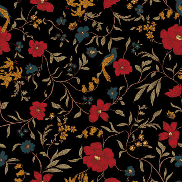 Black background multicolour colour connected seamless floral pattern for fall season 
