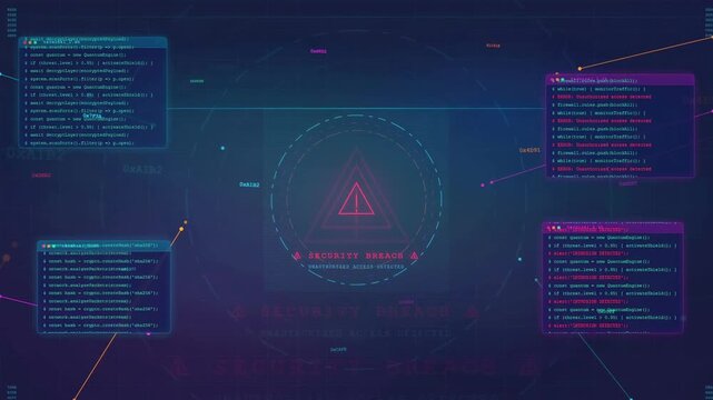 Futuristic Cyber Security Breach Alert with Hacking Code and Warning Symbols