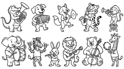 Obraz premium Cute cartoon animals playing musical instruments in marching band set.