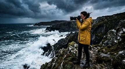 Obraz premium Photographer Capturing Dramatic Coastal Stormscape for Travel Ad