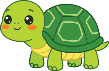 Obraz premium Cute chibi cartoon turtle vector illustration featuring a happy smiling baby tortoise character with a green shell isolated on white background