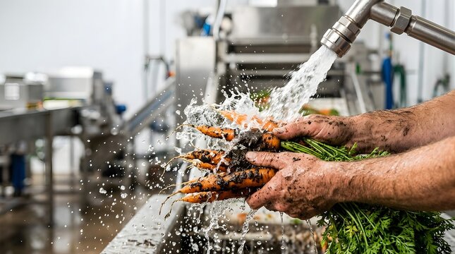 Worker washing dirty fresh carrots with running water in a facility