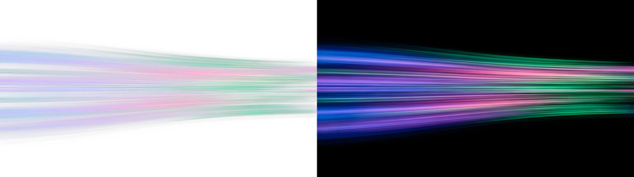 Horizontal motion trails with faded neon light rays on split background