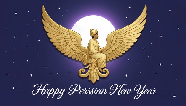 Happy Persian New Year Greeting with Golden Faravahar Winged Symbol